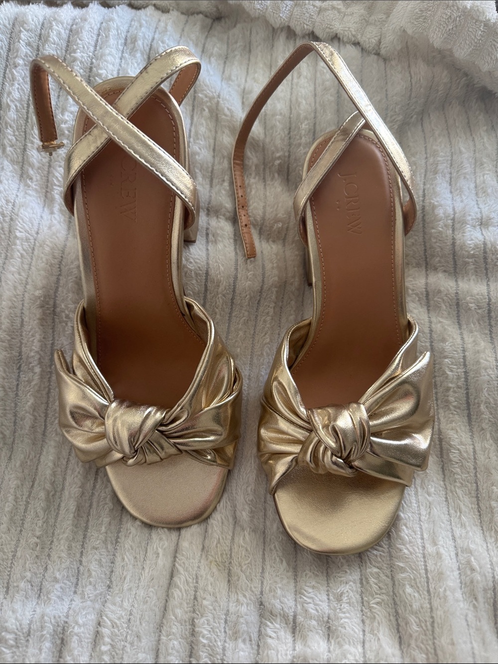 J. Crew Metallic Gold Knotted Ankle-Strap Heels